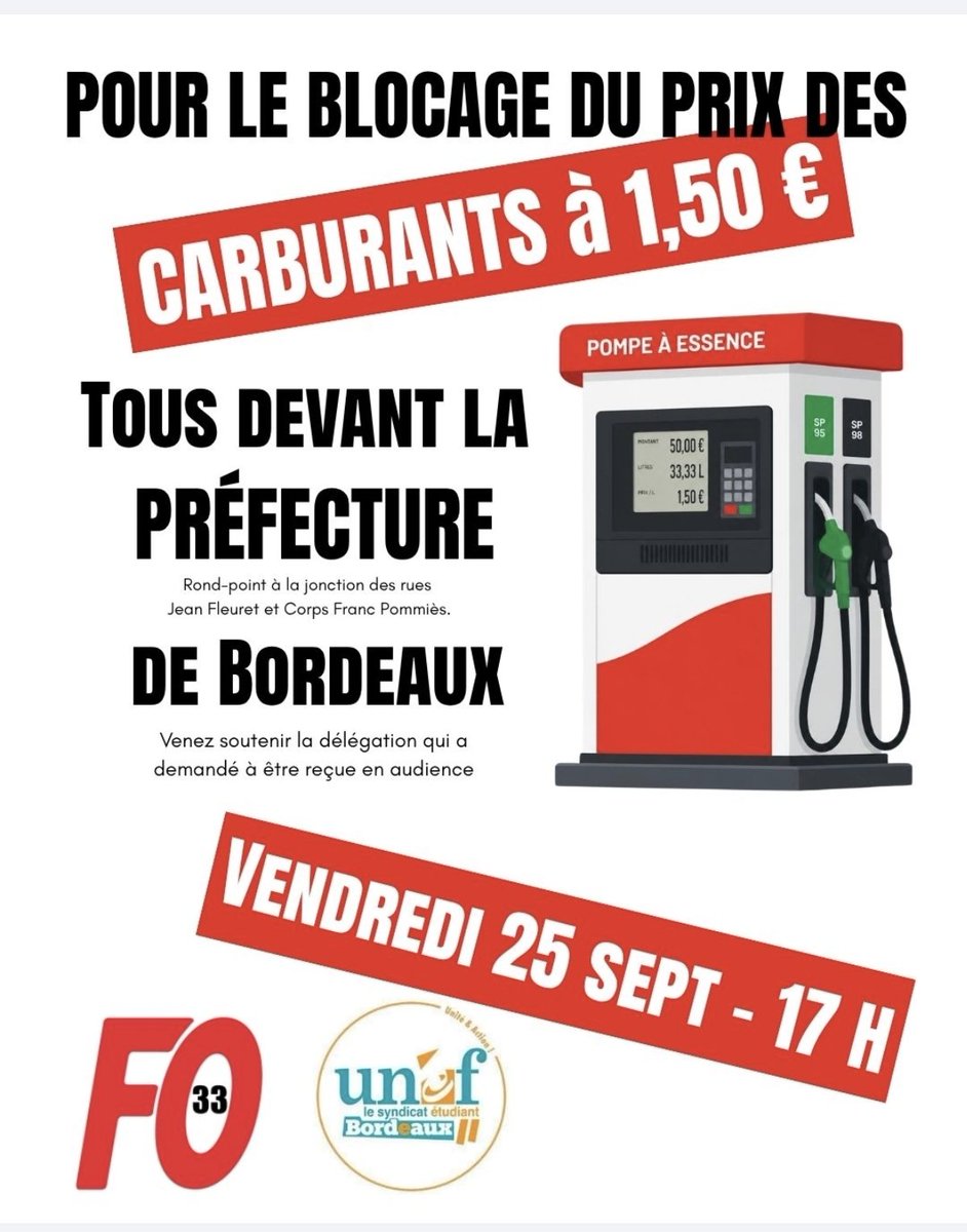 UD_FO_33's tweet photo. Pour le blocage des prix du #carburant
Tous devant la préfecture de #bordeaux vendredi 26 septembre à 17h https://t.co/BrcEefLGAv