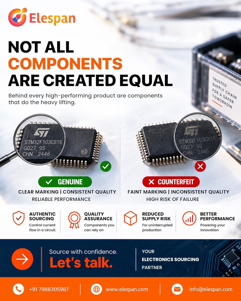 elespan_1's tweet photo. Not all components are created equal. 

Reliable products start with genuine, high-quality electronic components. Choose authentic sourcing for consistent performance and reduced supply risk.
🌐 https://t.co/YmHOnvuHRN
📞 Call Now: +91 79883 05987

#Elespan #ElectronicsSourcing https://t.co/QdpG6LvXEa