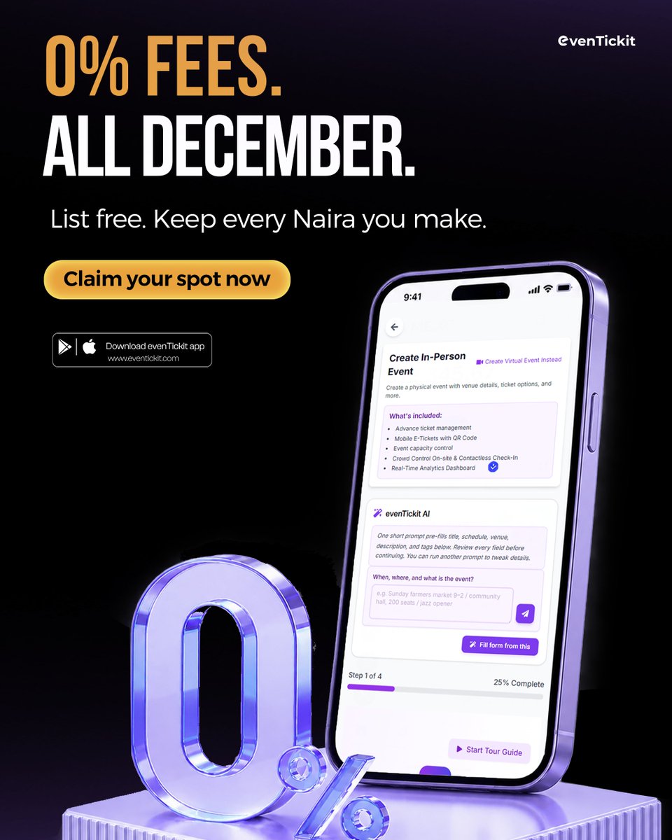 Eventickit52355's tweet photo. December is for filling seats, not paying listing fees. 
List your event on evenTickit for 0% fees throughout December. https://t.co/XshZObTm6y
#evenTickit #NigeriaEvents #DettyDecember https://t.co/RevgbefwdS