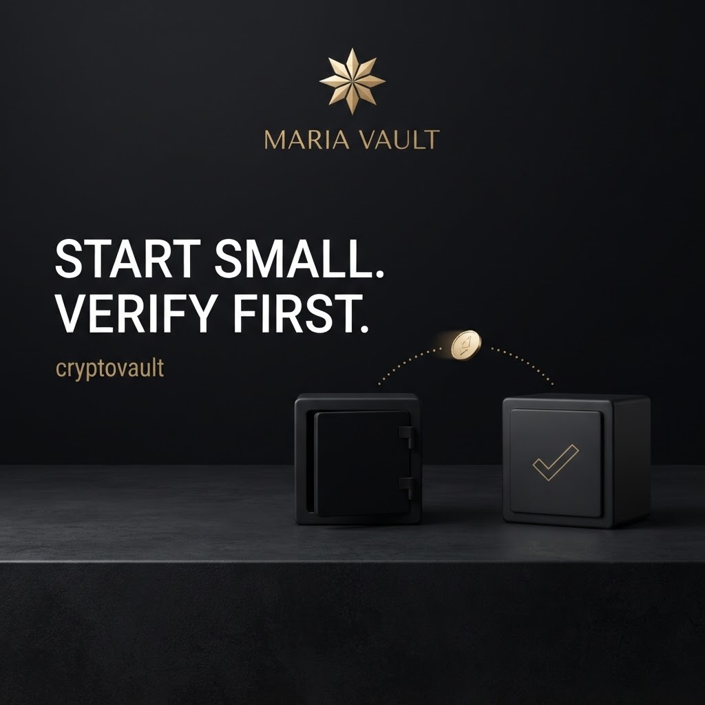 SafeCryptoVault's tweet photo. Your first transfer to a new wallet doesn't need to be your biggest.
Send a small test. Verify receipt on the intended network before moving more.
Small steps. Deliberate control. cryptovault.
#MariaVault #cryptovault #SelfCustody
DM us https://t.co/6TJmvGqR5y