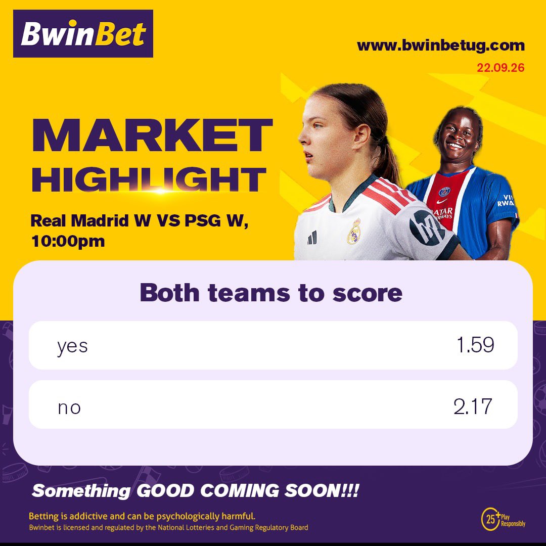 bwinbet_Ug's tweet photo. 🔥 MARKET HIGHLIGHT! ⚽💥

Real Madrid W 🆚 PSG W — 10:00PM
🎯 Both Teams to Score
✅ Yes — 1.59
❌ No — 2.17

Something GOOD is coming soon! 👀💜💛

🌐 https://t.co/7LVSuuHE4z

#BwinBet #MarketHighlight #ChampionsLeague #Football #ComingSoon https://t.co/of5CGY9CsW