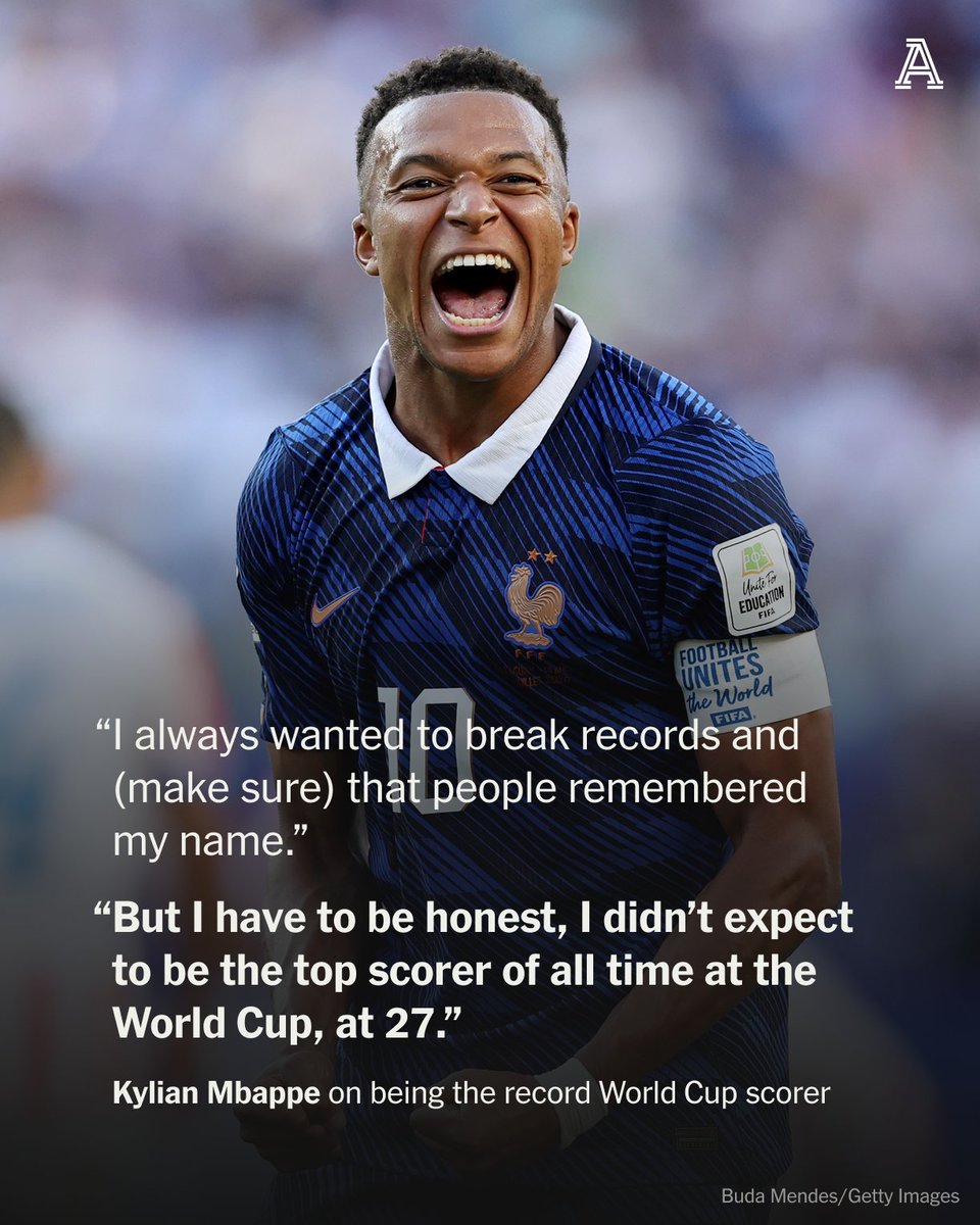 TheAthleticFC's tweet photo. Kylian Mbappe is the leading all-time World Cup goalscorer with 22 goals in 22 games. Aged 19, he became the first teenager since Pele to score in a final when France won the 2018 tournament in Russia. 

Ten of Mbappe’s goals came in this summer’s competition and nobody can accuse him of exaggeration when he points out, “they were great goals.” Spectacular, in many cases.

“The World Cup is the competition of the big stars, the biggest players in the history of the game. I used to dream about playing in this competition – not even winning it, just playing – so it’s completely crazy to be that man. 

“Especially when the guy before me was Lionel Messi... yeah, it’s history.”

@DTAthletic's exclusive interview with the Real Madrid forward — free to read: https://t.co/bJymXgZmUT
