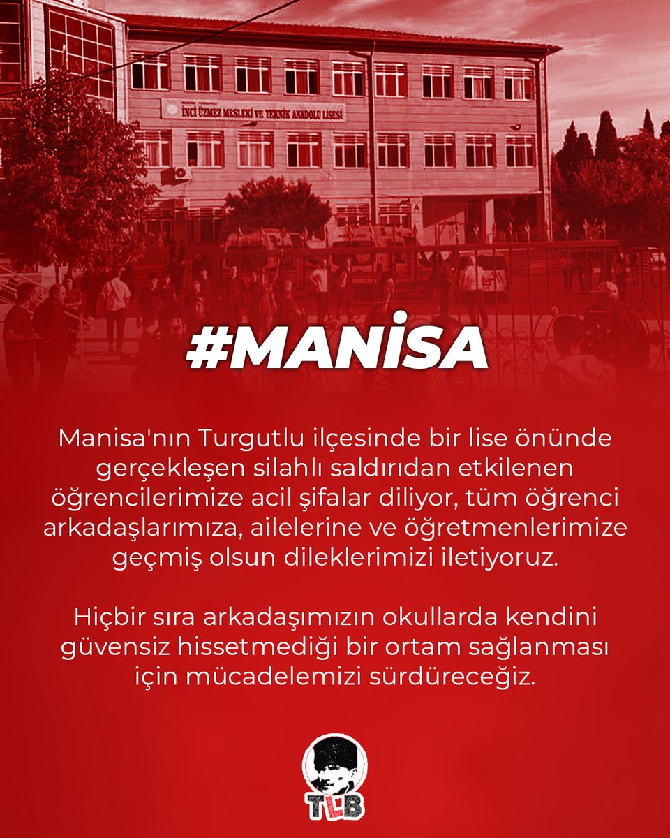 liselibirligi's tweet photo. Manisa'nın Turgutlu ilçesinde bir lise önünde gerçekleşen silahlı saldırıdan etkilenen sıra arkadaşlarımıza acil şifalar diliyor, tüm arkadaşlarımıza, ailelerine ve öğretmenlerimize geçmiş olsun dileklerimizi iletiyoruz.

Hiçbir sıra arkadaşımızın okullarda kendini güvensiz hissetmediği bir ortam sağlanması için mücadelemizi sürdüreceğiz.