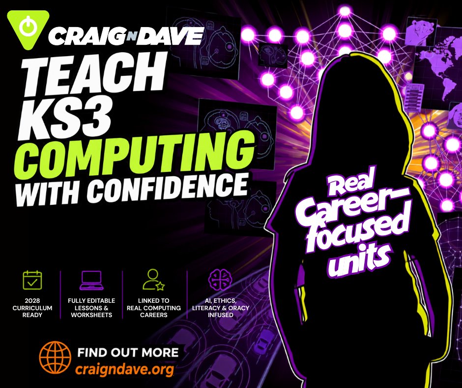 craigndave1's tweet photo. Our new KS3 CS resources

✅ 2028 curriculum-ready.
✅ Fully editable lessons, presentations &amp; worksheets.
✅ Units linked to real computing careers.
✅ AI, ethics, literacy &amp; oracy infused throughout.

🌟 https://t.co/RsJ4kNfBNf 

#CraignDave #computerscience #TeamCompSci #KS3 https://t.co/mQAck62rxS