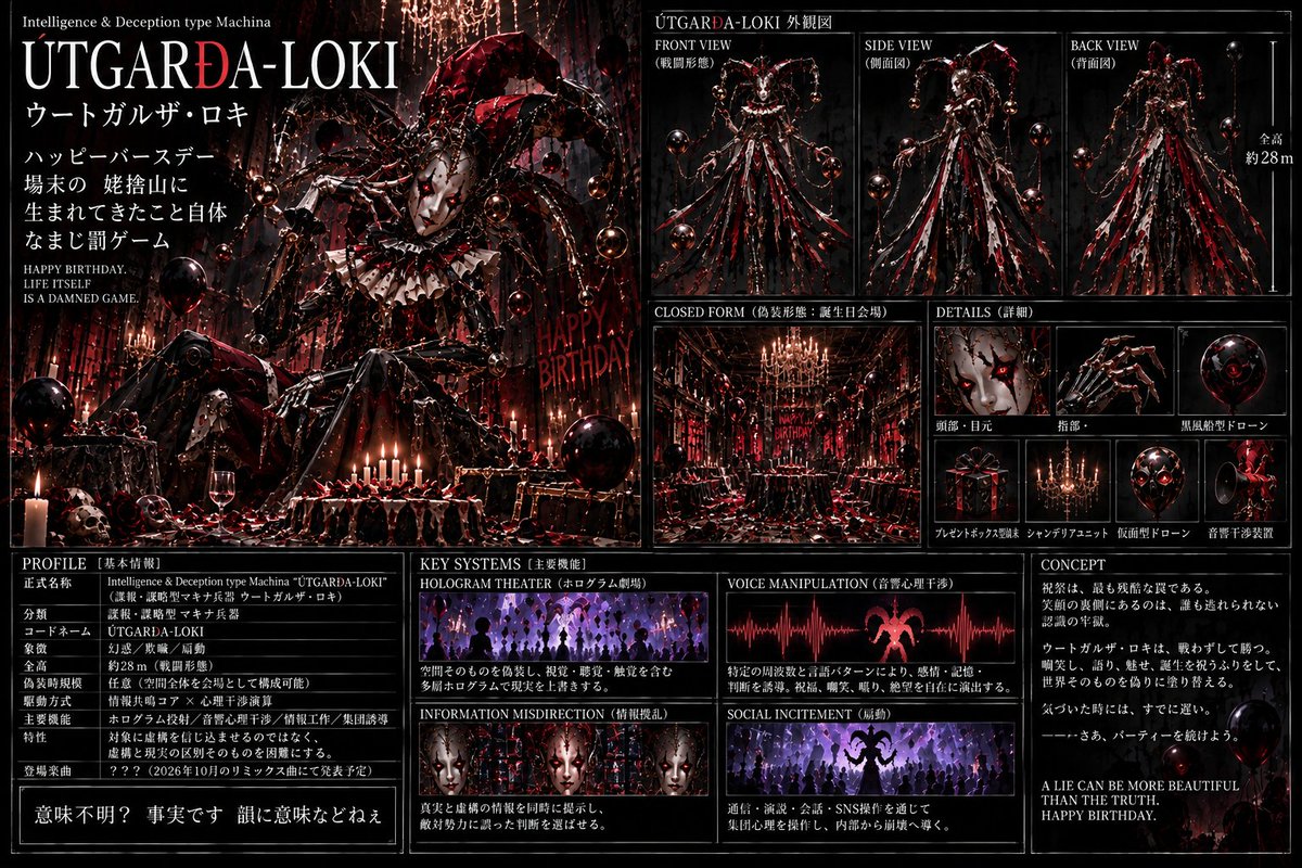 parasite_man's tweet photo. SeⅦeN♰H × Intelligence & Deception type Machina

師に捧ぐ、マキナ兵器の命名コーナー🏭

No.5：ÚTGARÐA-LOKI(ウートガルザ・ロキ)

正式名称：Intelligence & Deception type Machina “ÚTGARÐA-LOKI”（諜報・謀略型マキナ兵器 "ウートガルザ・ロキ"）

登場楽曲：？？？
※2026年10月のパラサイトマンのリミックス曲で登場予定

#SeVIIeNtH created by
i.:d_olo_b:.i 様(@id_olo_bi )

・生成よもやま話
※あんま関係ない話なので見なくていいです

はい。いよいよパラサイトマンの暴走が始まってしまいました💥
師からは「これまでの曲で出てきたマキナ兵器にお名前を付けてね？」というお願いだったにもかかわらず、ナニを勘違いしたのか、オリジナルの新型マキナを開発してしまう始末……

しかもコイツ、俺が来月リミックスする予定の曲で使うマキナ兵器なんですよね。
その上、そのリミックス曲なんですが、師から個人的に頂いた、プレゼントのような曲なんですよ。
勘のいい人は「ああ、あの曲か」って思って頂けると思うんですけども。

師匠から頂戴したありがたい楽曲を食いつぶしてしまうかのごとき所業……しかも名前がウートガルザ・ロキ……
誠に申し訳ございません🙇‍♂️

とはいえですね、これでも師から「韻/陰/淫」の看板を継承しておるわけです。
贈り物を素直に受け取って喜ぶだけでは陰にあらず。
そこで生じた逆の発想を以て作品とすべし。
そんな心地で取り組んでおります😆

師におかれましても、計略系のマキナ兵器として活用のご予定があれば使って頂きたい次第🙇‍♂️

話は戻りまして、ウートガルザ・ロキですね。
北欧神話ではトリックスターのロキの方が有名なのですが、個人的にはこのウートガルザ・ロキも大好きです。
幻術や奸計に長けた巨人の王でして、あのトール神やロキも後れを取るのです👿

勇壮なトールですら常勝というわけではなく、計略一つで簡単に破れてしまうというリアリティのあるところが、好みな所ですね～📚