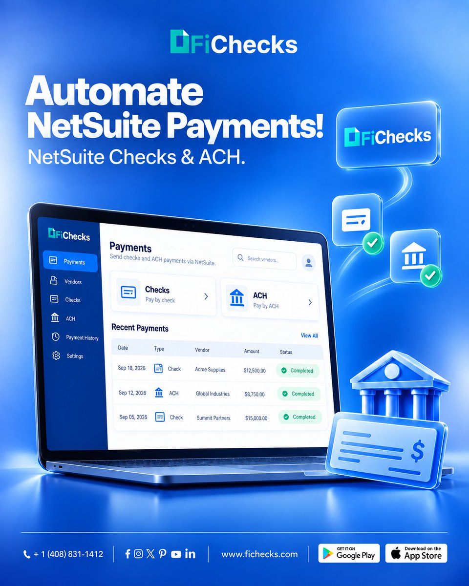 fichecks's tweet photo. Simplify accounts payable with FiChecks NetSuite integration and manage vendor payments through checks and ACH from one platform.
Learn More:https://t.co/xgM0P5Ofxw
#fichecks #netsuiteautomation #FintechSolutions https://t.co/0r91x9YSZC
