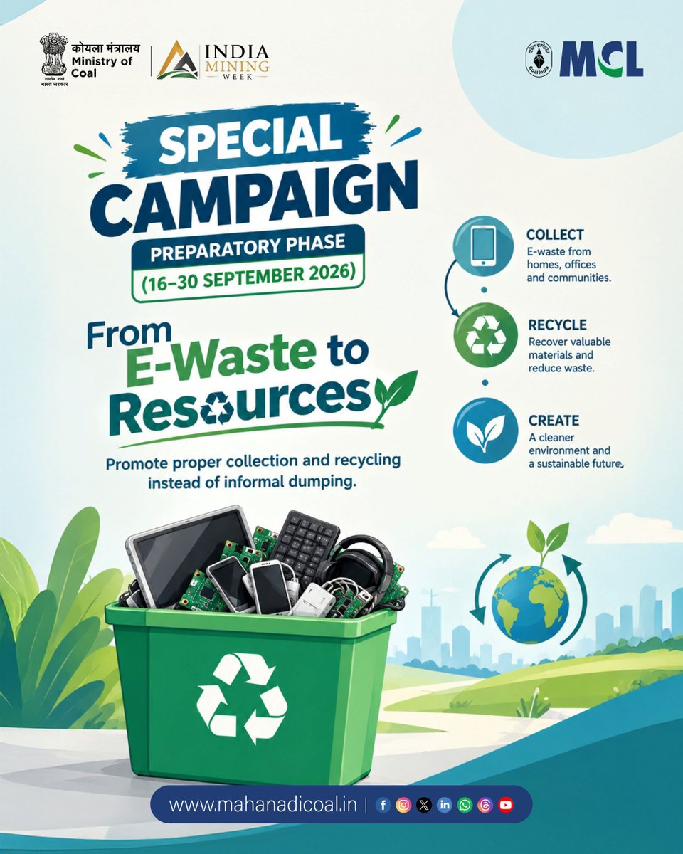 mahanadicoal's tweet photo. Special Campaign 6.0 | E-Waste Management
Instead of informal dumping, ensure unwanted electronic devices are properly collected and sent through appropriate recycling channels.
#specialcampaign6 #SwachhataHiSeva #SwachhataHiSeva2026 #SHS2026 #Swachhotsav #SwachhBharat #mymcl #coalindia #EwasteManagement #CoalIndia
@kishanreddybjp @satishdubeyy @CoalMinistry @CoalIndiaHQ @DARPG_GoI @MoJSDDWS @SwachhBharatGov @swachhbharat @MoHUA_India