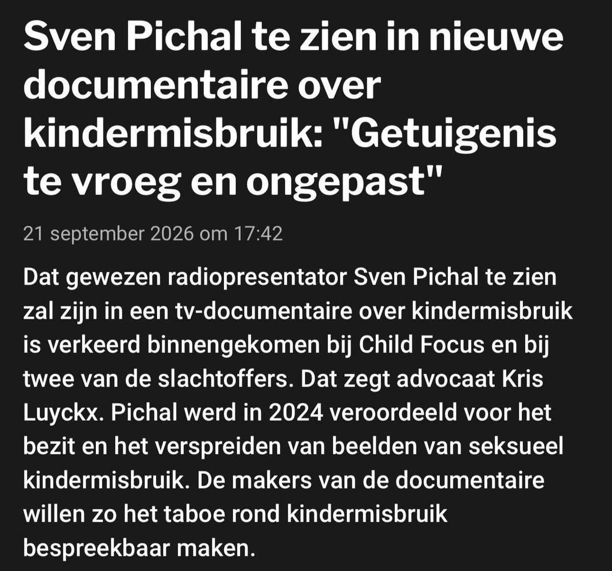 TomLamont_'s tweet photo. Iedereen is verbaasd dat Sven Pichal zijn verhaal mag doen in een Streamz-documentaire. De mediawereld is nochtans redelijk simpel.

Zijn partner Kristof Demasure is hoofd Actua, Info & Deontologie bij Play Media en bouwde jarenlang mee aan de communicatie van Woestijnvis. 

En wie produceert de documentaire van Streamz waarin Pichal opnieuw uitgebreid aan het woord komt? Woestijnvis 🤷‍♂️