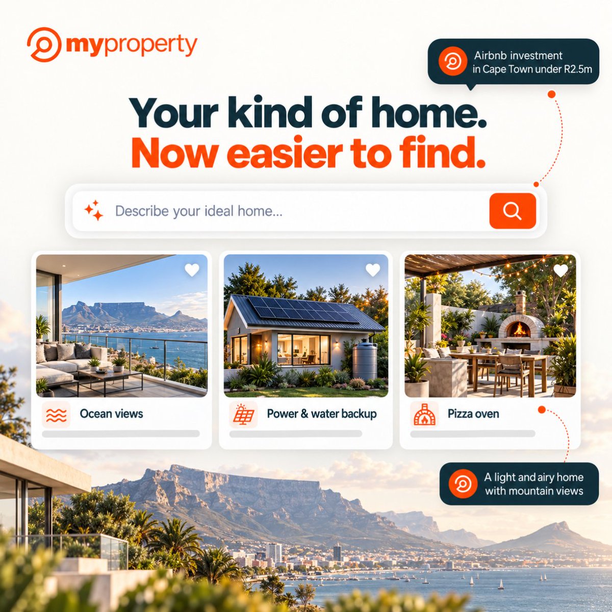 MyPropertySA's tweet photo. Your kind of home. Now easier to find. 🏡
Describe what you’re looking for—from mountain views and pizza ovens to solar power—and MyProperty’s natural language search will help find the closest matches.
🔎 Try it: https://t.co/kNo1GkMYOs
#MyProperty #PropertySearch https://t.co/tri1CPQe1K
