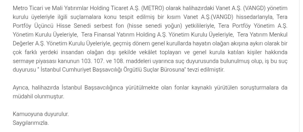 PiyasaTurkiyeTR's tweet photo. 🔴 Galip Öztürk’ün şirketi Metro Holding, Emre Tezmen'in sahibi olduğu Tera grubu yöneticileri hakkında suç duyurusunda bulundu.

📍Metro Holding, Vanet Gıda yönetimi, bazı hissedarlar, Tera Grubu yöneticileri ve geçmiş genel kurullarda olağan dışı şekilde vekâlet toplayan kişiler hakkında SPK Kanunu’nun 103, 107 ve 108. maddeleri kapsamında suç duyurusunda bulundu.

#Metro #Vanet #Tera