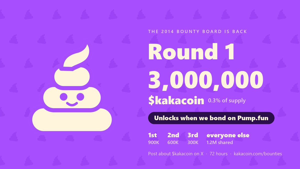 kakacoindotcom's tweet photo. New look. Same 2014 coin.

$kakacoin has a new mark: a flat purple swirl, because kaka means poop and we stopped pretending.

The 2014 bounty board is back too: Round 1 unlocks when we bond on https://t.co/P9mPsCkrfY. 3,000,000 $kakacoin.

https://t.co/fH6vCJJVLA https://t.co/iy90KXpHPj