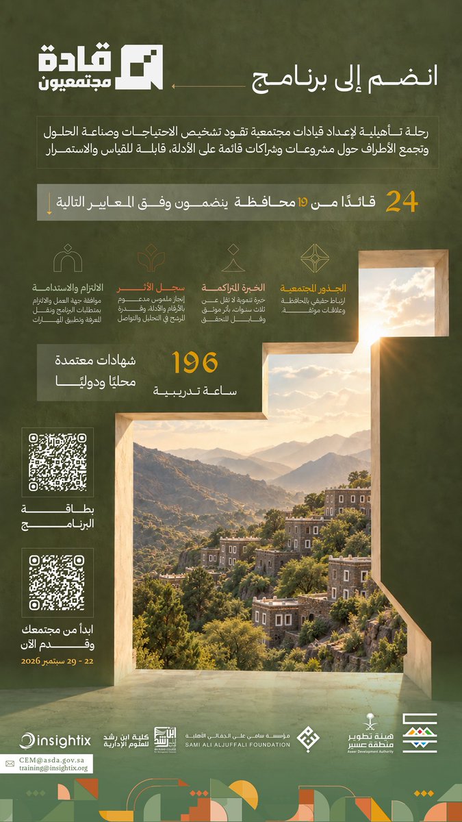asda_aseer's tweet photo. هيئة تطوير عسير تطلق برنامج #قادة_مجتمعيون؛ لإعداد قيادات تحوّل احتياجات المكان إلى مشروعات وشراكات مستدامة.

نمكّن لنقود في رحلة الصعود.

سجل الآن⁠:
https://t.co/8s2uCVPhBM https://t.co/J55FEAmXgB
