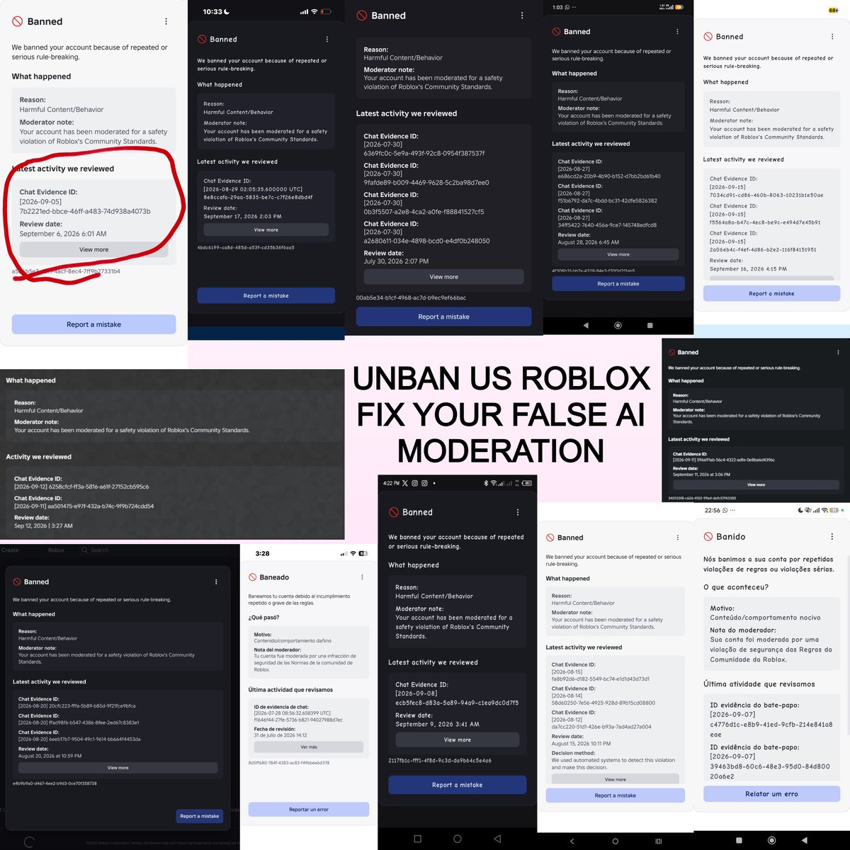 Limited_Vibes's tweet photo. #roblox #kreekcraft #sharkblox #robloxban 🙏🙏PLEASE ROBLOX FIX YOUR FAULTY AI MODERATION INNOCENT PEOPLE ARE GETTING BANNED JUST LIKE ME FOR NORMAL CHATTING IN ROBLOX GAMES WITHOUT ANY PREVIOUS WARNINGS OR BANS AND OUR APPEALS ARE BEING IGNORED. https://t.co/r0ULq7cSMx