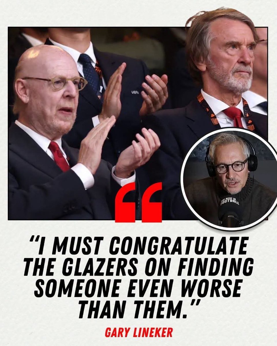 UTD_Anna_'s tweet photo. Lineker exposing the reality at Old Trafford. Sir Jim promised a reset, but it’s the same old structural mess with a different face. The fans and the badge deserve so much better than this corporate circus. 🚮 https://t.co/cbdphdp7Lo