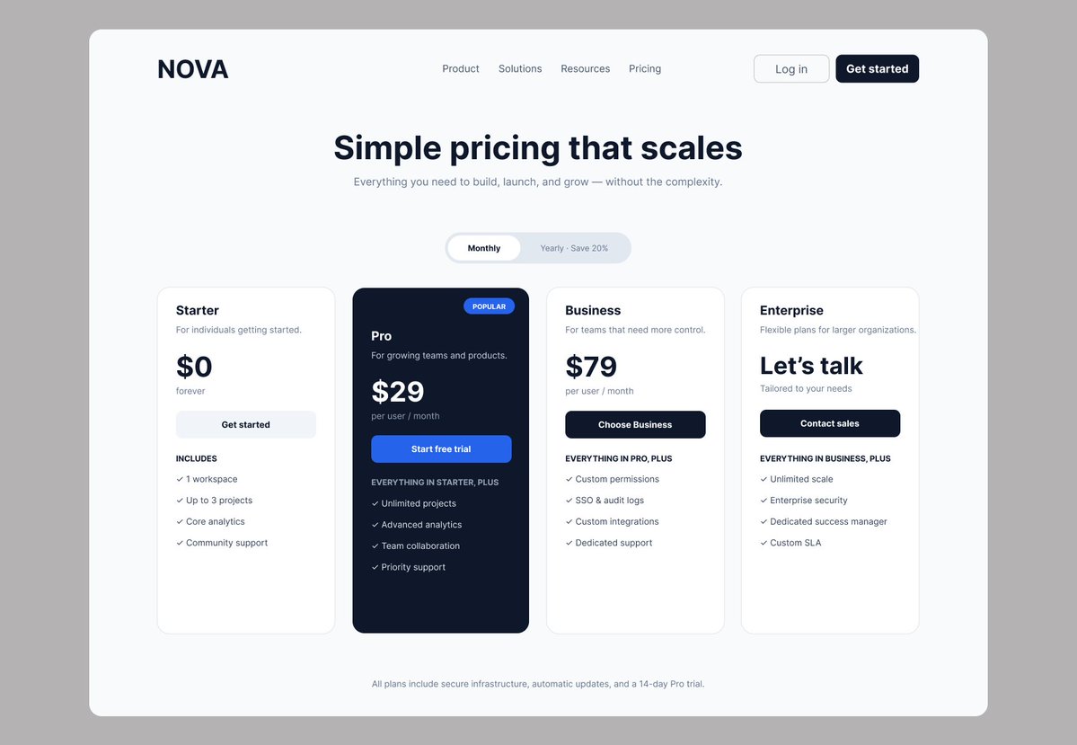DACDesigns1334's tweet photo. Day 15/15 — SaaS Pricing Page 💻

And that’s a wrap! 🎯

For the final challenge, I designed a SaaS pricing page with three plans, focusing on clear information hierarchy, pricing visibility, feature comparison, and strong CTAs.

@JoshOpaleke https://t.co/4TMWWN5lDZ