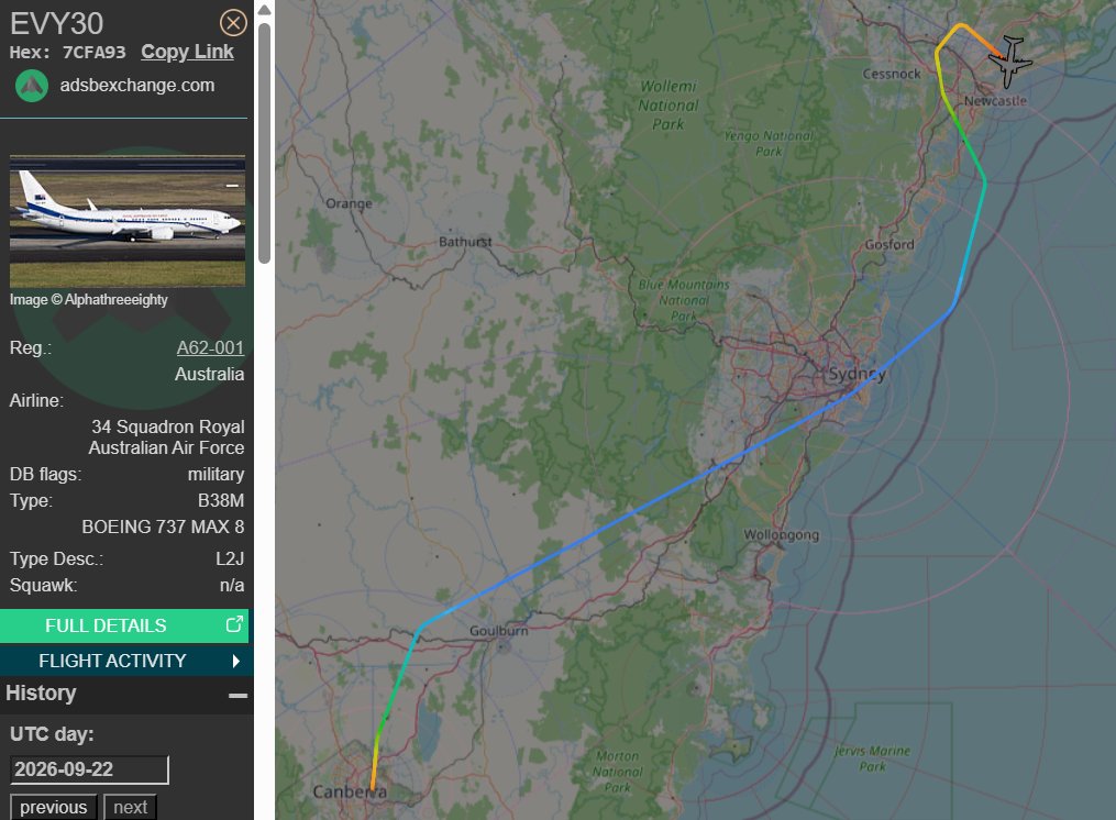 raaf_vip's tweet photo. Boeing 737 MAX 8 BBJ // A62-001 // Envoy 30

Route: Canberra (CBR) - Newcastle (NTL)
🛫: 01:52  UTC on 22/09/2026
🛬: 02:38 UTC

#RAAF #AusAirForce #A62001 #Newcastle #RAAFWilliamtown https://t.co/RrolEPRHSx