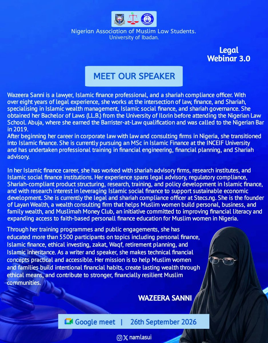 NAMLASUI's tweet photo. NAMLASUI delvers nothing but quality 🤌🌹. 
MEET WAZEERA SANNI Esq. .🌸🌹. Our of our experienced speakers. Don't forget 26th of September,2026 is the date https://t.co/ELhSCZufyf