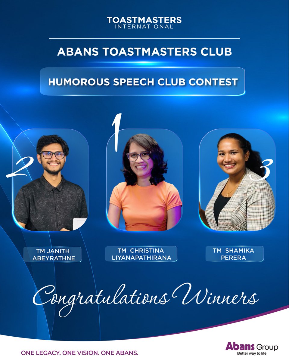 AbansLK's tweet photo. π€ Laughs, wit, and sharp feedback! Our Toastmasters Humorous & Evaluation Speech Contest took place last Friday, 18th September.
Meet our winners!
#Toastmasters #AbansGroup #OneAbans https://t.co/Kiy3ncKGKT