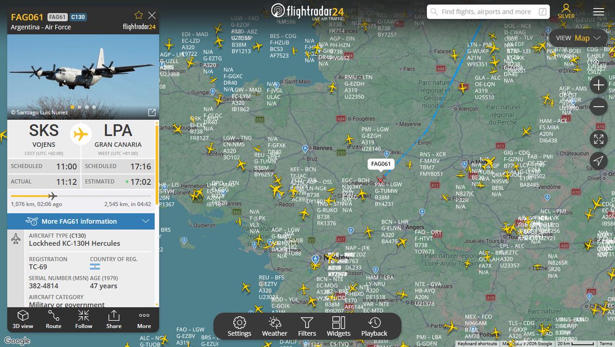 Blogp47's tweet photo. 🇦🇷📷 | Teve início o voo de entrega do segundo lote de F-16 AM/BM para a Força Aérea Argentina, com destino a Zaragoza. O voo CONDOR 11 segue sob controle militar de Maastricht, sobrevoando o norte da Alemanha 🇩🇰 🇦🇷. https://t.co/Ce7EsLEKqP