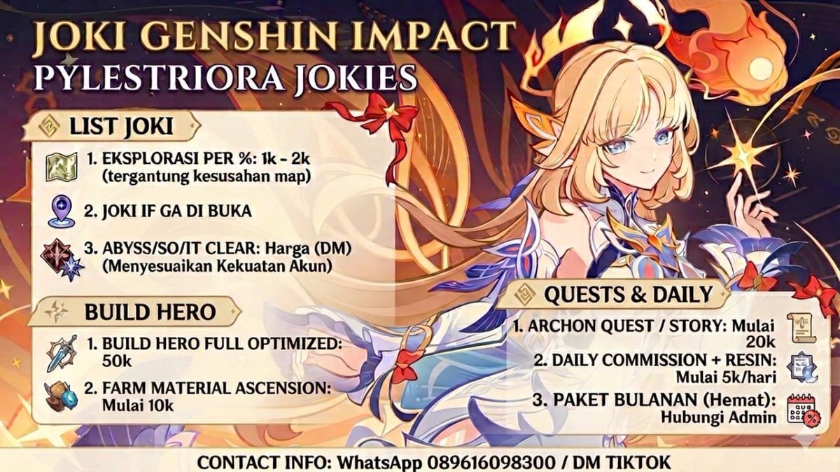 Pylestriora's tweet photo. Joki eksplore genshin impact pengerjaan bisa di liat langsung di live tiktok @Pylestriora 

Buat harga di sini langsung DM aja yaa biar lebih jelas takut nya ada kesalahpahaman terimakasih. https://t.co/VIGl0WqXZM