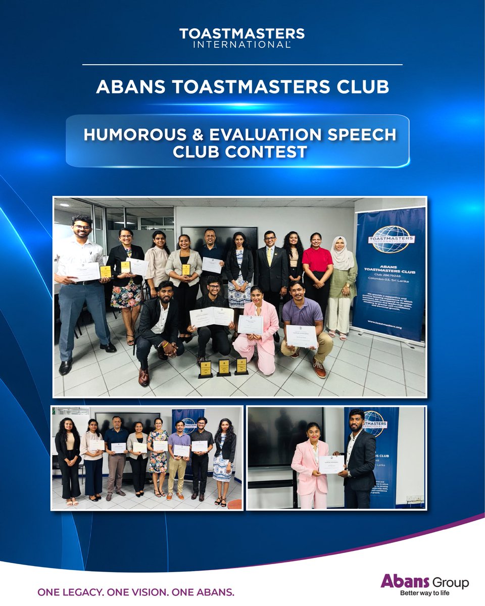 AbansLK's tweet photo. π€ Laughs, wit, and sharp feedback! Our Toastmasters Humorous & Evaluation Speech Contest took place last Friday, 18th September. A few moments from the day πΈ
#Toastmasters #AbansGroup #OneAbans https://t.co/zlYA7l5Lbw