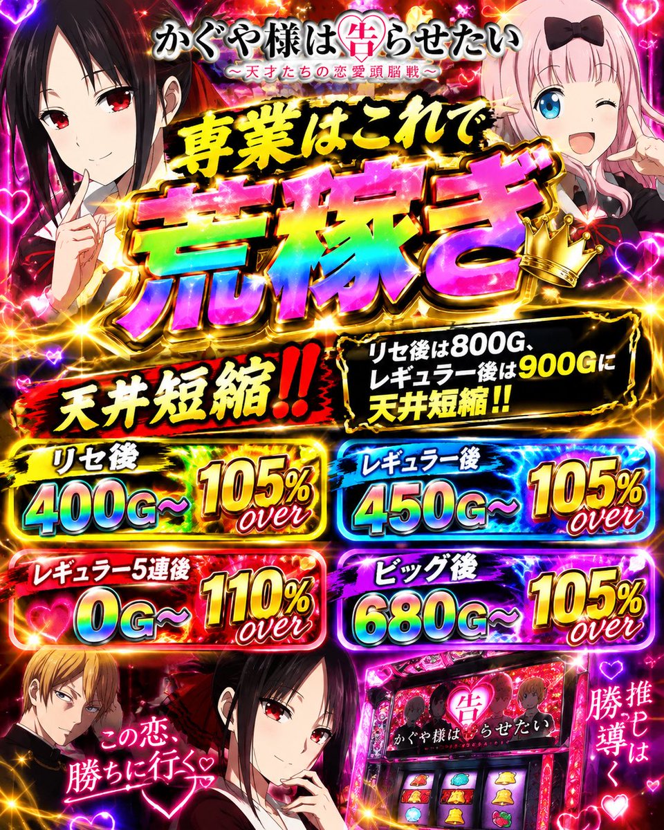 god_072's tweet photo. 圧倒的ばら撒き‼️‼️いけいけいけいけー🌈
【210名突破記念】No.1サロン‼️‼️

✅カバネリ海門
✅かぐや様
✅ヴァルヴレイヴ2

まだまだ期待値捨ててる人多すぎる。
期待値積めば誰でも勝てる‼️‼️
狙い目教えるからしっかり打ちましょう。

🔥カバネリ海門
【専業はこれで荒稼ぎ】
リセ後、駆け抜け後、上位後は天井短縮‼️
天井596Gになるのに少し回してやめる人多すぎ。
✅リセ後50G〜105%over
✅駆け抜け後75G〜105%over
✅上位後75G〜105%over(上位ST1200枚以下時)

🔥かぐや様は告らせたい
【専業はこれで荒稼ぎ】
リセ後は800G、レギュラー後は900Gに天井短縮‼️
✅リセ後400G〜105%over
✅レギュラー後450G〜105%over
✅レギュラー5連後0G〜110%over
✅ビッグ後680G〜105%over

🔥ヴァルヴレイヴ2
【専業はこれで荒稼ぎ】
✅ボーナス間期待値
リセ後250G〜105%over
通常650G〜105%over
✅CZ間
リセ後150G〜105%over
通常470G〜105%

初心者はまずはここから‼️‼️
不問の期待値の狙お目からしっかり打とう‼️
期待値を積む立ち回りを覚えたら次は内部状況や差枚を意識。
まいちゃんサロンでは一つ一つの台をしっかり分析し、内部状況、差枚を加味した狙い目を発信中。
【210名突破】のNo.1サロン🌈
通常価格7000円が今だけ2480円。
まいちゃんと一緒に頑張るぞー‼️
↓↓↓