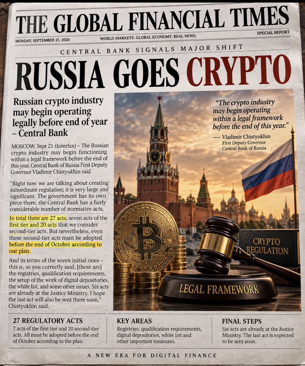 TheCryptoSquire's tweet photo. 🚨🇷🇺 RUSSIA GOES CRYPTO 🇷🇺🚨

Russia’s Central Bank says the crypto industry could operate under a comprehensive legal framework before the end of 2026.

Look at the bigger picture: governments aren’t discussing how to stop crypto anymore. They’re building the rules for how it will operate.

CRYPTO IS BECOMING PART OF THE FINANCIAL SYSTEM. 🌍🔥