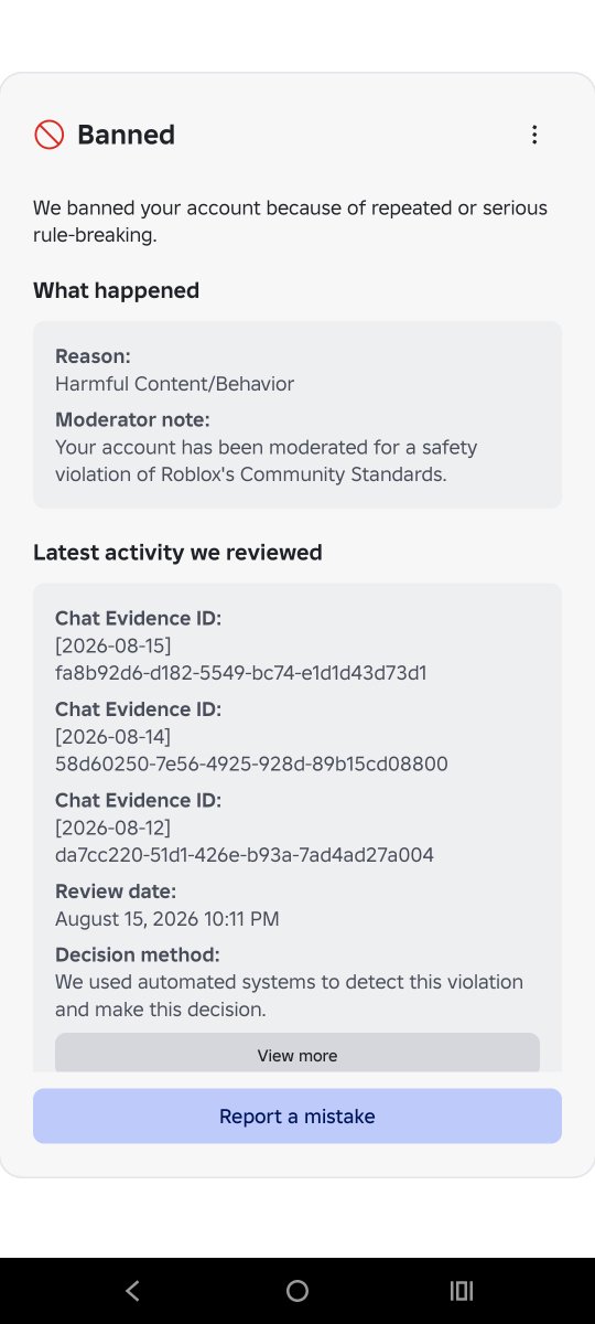 Nayxa5's tweet photo. We need to make this visible for all people.
We are tired of AI Moderation Systems in Roblox which terminates your accounts without any human interaction.
On top of that their support system and moderation system ignores most people unless they are famous.
https://t.co/iUSkF1KKIf https://t.co/BsSsRZpwCX
