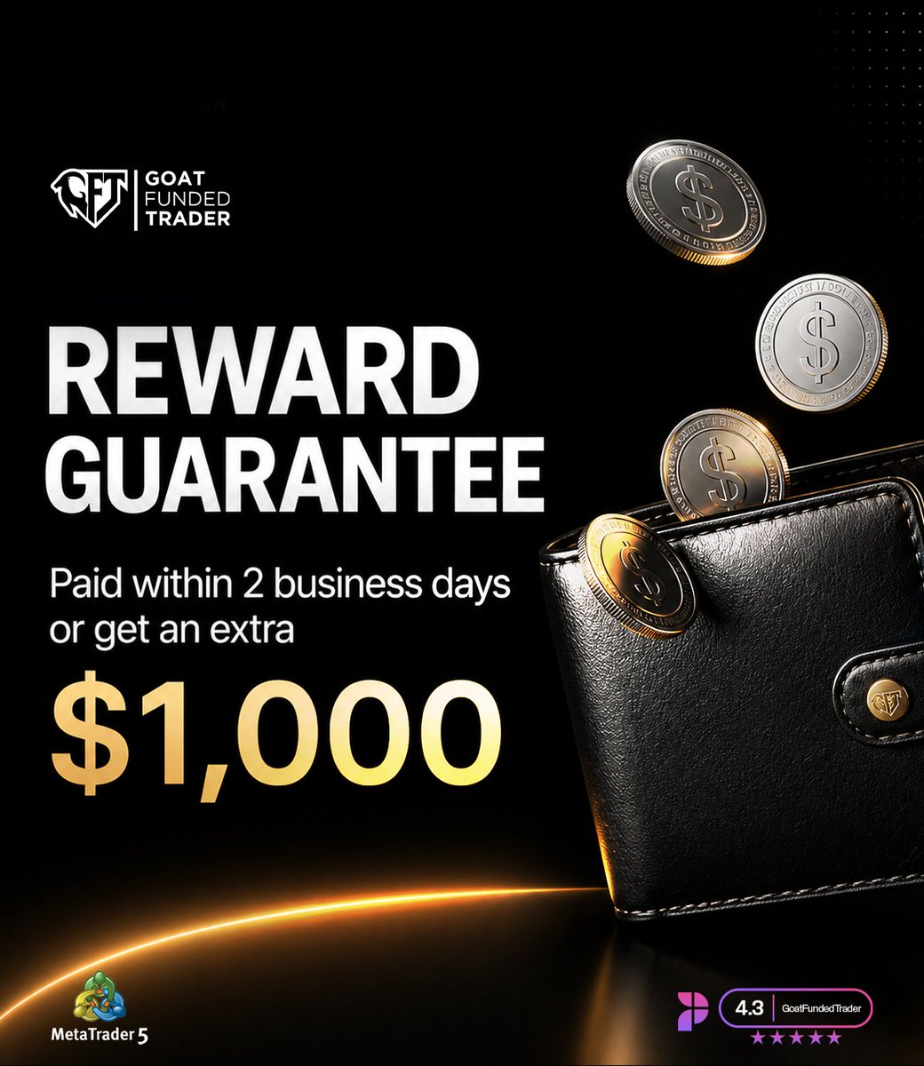 GoatFunded's tweet photo. ⏱️ Your reward guaranteed on time

Every GFT reward is guaranteed within 2 business days

by our Reward Policy

If we take longer, we add an extra $1,000. 💰

https://t.co/AKF8ZJt3s1 https://t.co/MJS6TulWWf