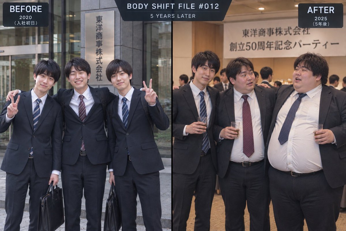 BodyShiftFiles's tweet photo. BODY SHIFT FILE #012

「5 YEARS LATER」

入社初日。
同期3人で撮った、最初の一枚。

それから5年。
久しぶりに3人並んで、もう一枚。

同じ会社。
同じ5年間。

5年という時間は、3人を同じようには変えなかった。

#肥満化 #体型変化 #AI画像 #BeforeAfter https://t.co/L3FyIr88qL