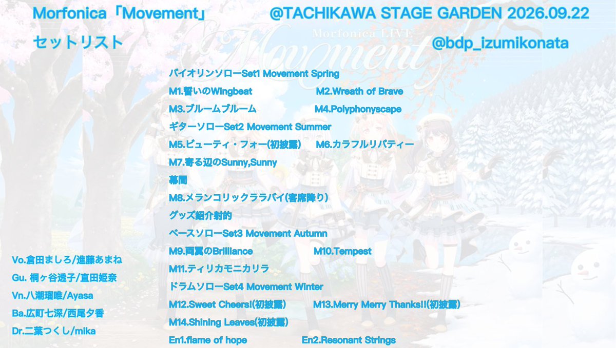 bdp_izumikonata's tweet photo. Morfonica LIVE「Movement」
セットリスト

#モニカMovement https://t.co/D2xlJOP4gA