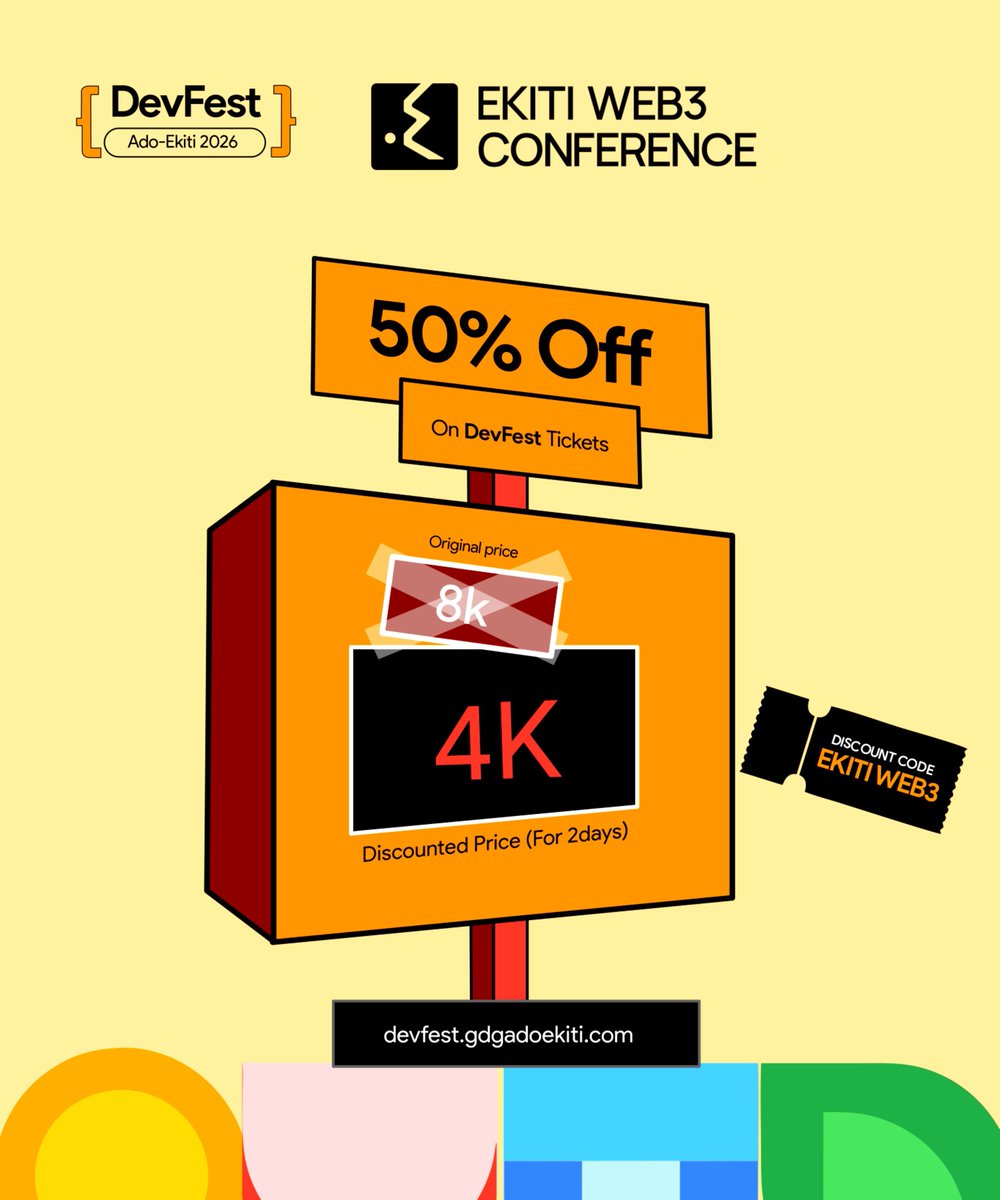 ekitiweb3conf's tweet photo. 50% OFF
SAVE ON YOUR DEVFEST TICKET!
Getting your ticket for DevFest Ado Ekiti?
Use the "EKITI WEB3" coupon code at checkout to get a discount on your ticket.
Get your ticket: https://t.co/lAhRFYOKMx
Use: EKITI WEB3 π·οΈ
Get your #DevFest ticket at a discounted price with #EKITIWEB3.