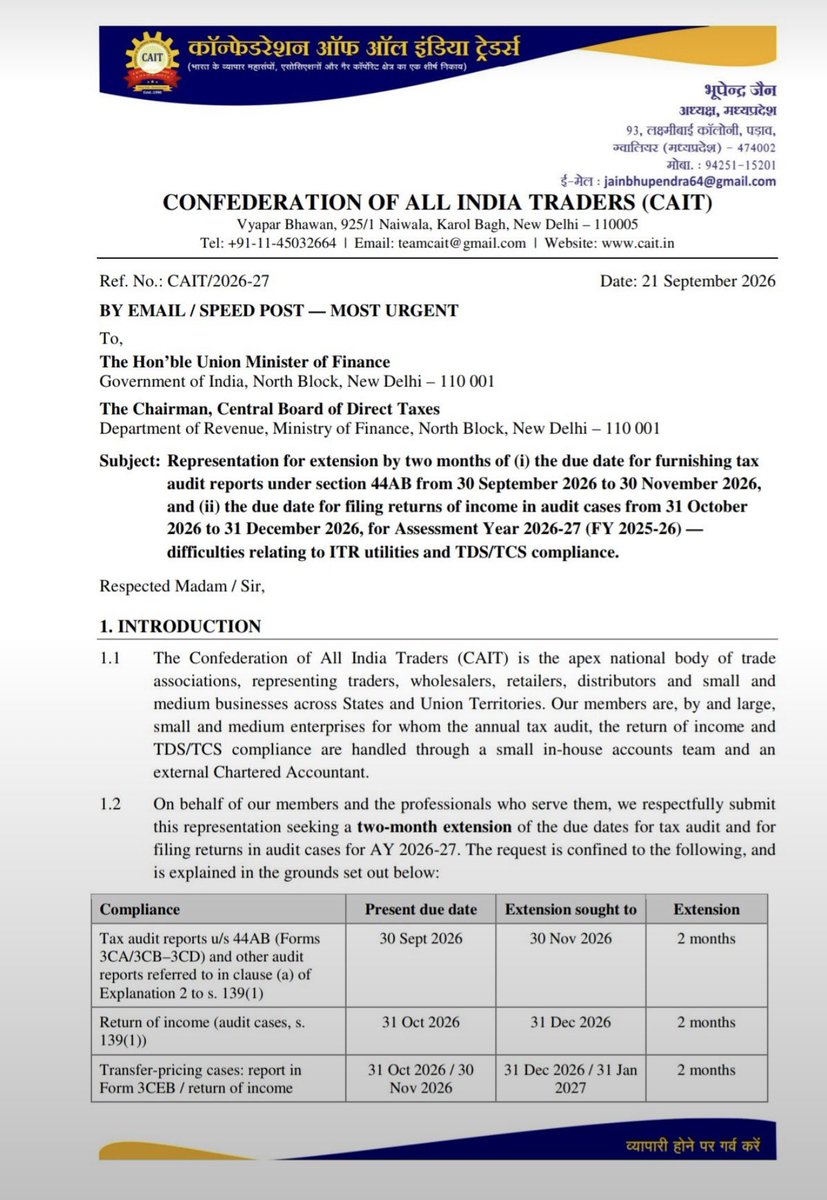 CAChirag's tweet photo. Confederation of All India Traders (CAIT) seeking extension of the Tax Audit

#ExtendTaxAuditdate https://t.co/T0OHe3ckYp