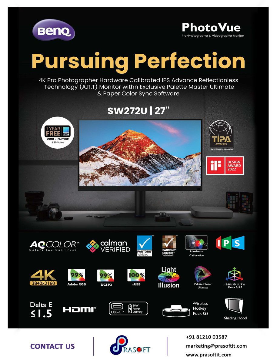 PrasoftS's tweet photo. 🎨 Pursuing Perfection with #BenQ #PhotoVue #SW272U!

A professional 27" 4K monitor designed for #photographers &amp; #videographers.

🔹 99% Adobe RGB | 99% DCI-P3 | 100% sRGB
🔹 Hardware Calibration
🔹 Delta E ≤ 1.5
🔹 Pantone &amp; Calman Verified
🔹 90W USB-C
Create with confidence. https://t.co/eWIaazDiau