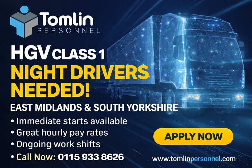 TomlinPersonnel's tweet photo. 🚛 Class 1 Night Drivers Wanted
🌐 Apply Online: https://t.co/EDxKNmRpPE
📞 Call us Today: 0115 933 8626
#HGV #HGVCareers #HGVJobs #HGVClass1 #NightDrivers #HGVDriving #Logistics #LogisticsJobs #Class1Driver #NowHiring https://t.co/oOSFQ4YTcq