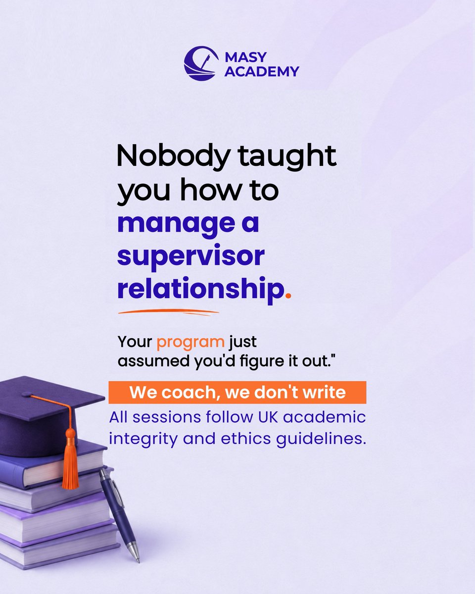 masyacademy's tweet photo. Nobody taught you how to manage a supervisor relationship 🎓

Your program just assumed you'd figure it out. We coach students through exactly this, we coach, we don't write.

#MasyAcademy #ResearchCoaching #GradSchool #Dissertation https://t.co/Fi7pavGABV