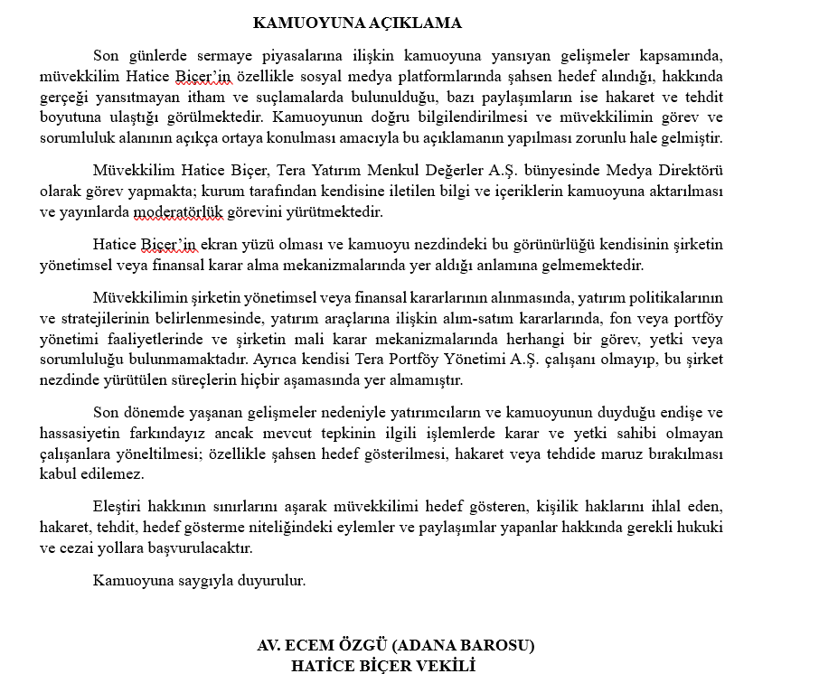 htcbicer's tweet photo. Son dönemde yaşanan olaylara dair açıklamam ektedir.
Tera Yatırım bünyesindeki yatırımcılar için iletişim kanallarım açıktır, süreç boyunca desteğim devam edecektir.
Kamuoyuna duyurulur. https://t.co/6SpTOj5Qtt