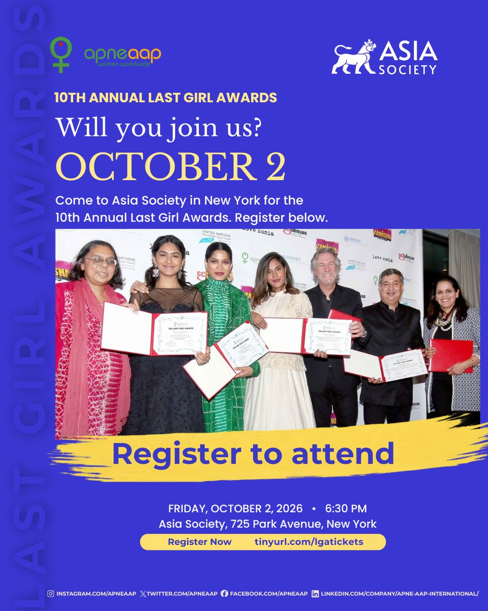 apneaap's tweet photo. October 2 • 6:30 PM Asia Society, 725 Park Avenue, New York. Registration link in bio.
#LastGirlAwards #ApneAap #EndTrafficking https://t.co/Ak3s44z0j8