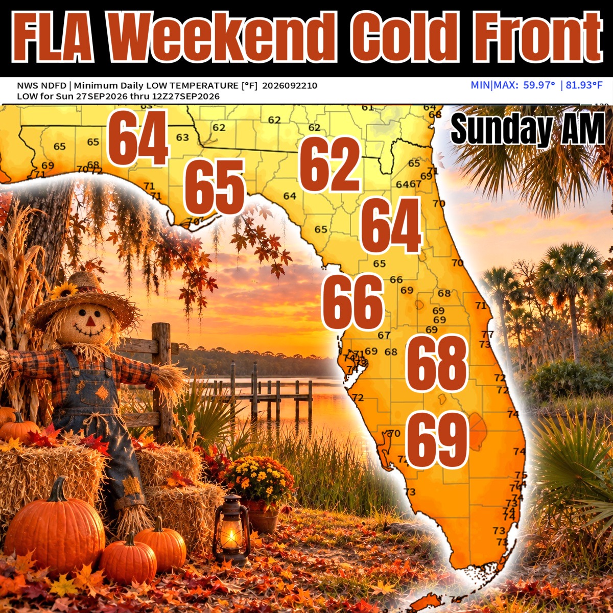 tropicalupdate's tweet photo. Guess what Florida! An actual cold front is coming this weekend. NWS low temps here for Sunday AM showing 60's deep into the state. Low humidity and dew points will make many feel some cooler air most the weekend. Need to get some wood for that firepit! https://t.co/vC1PyUz5vb https://t.co/fDk6wD4ztt
