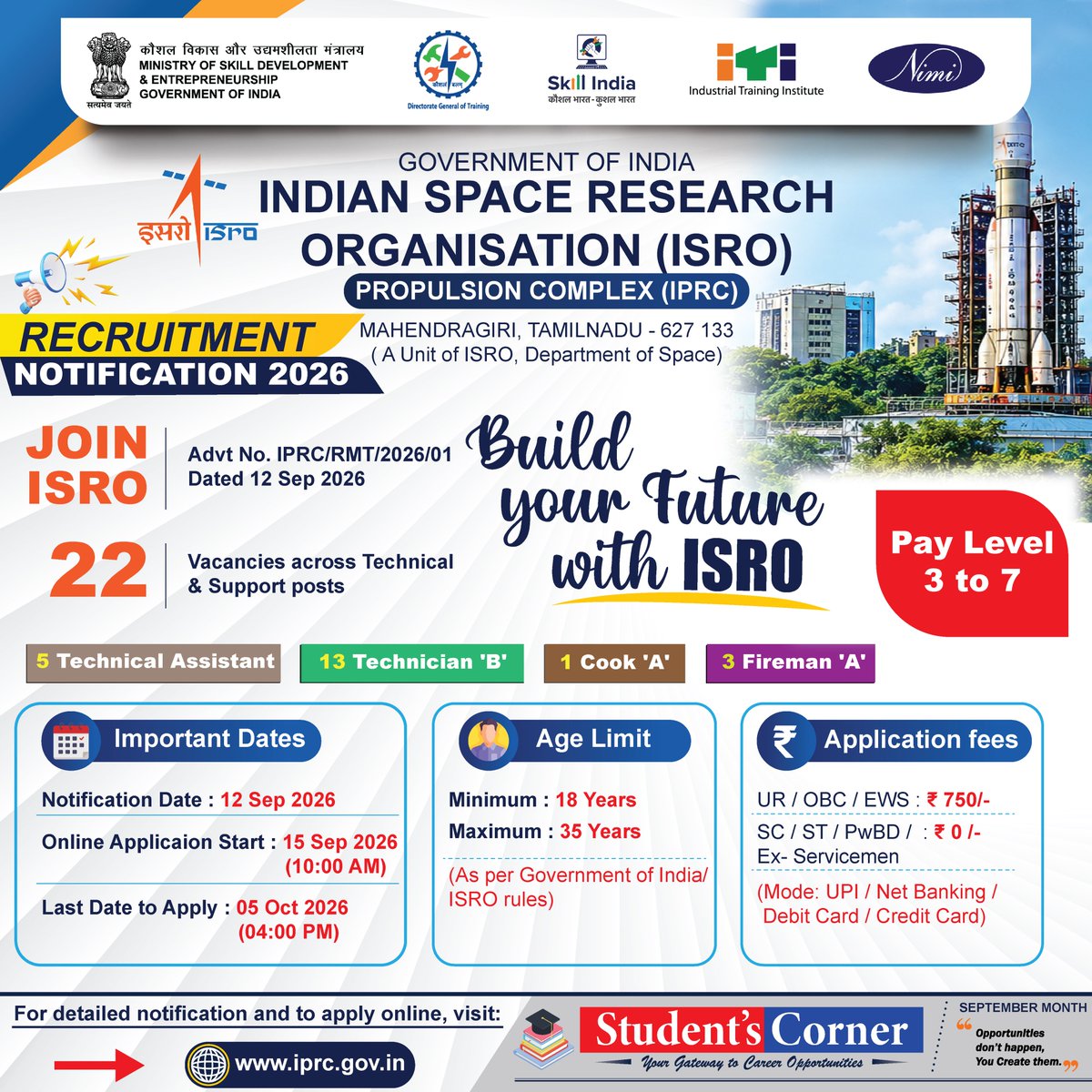 Nimi_ch_off's tweet photo. NIMI Bridge – ISRO Recruitment 2026!

Exciting job opportunities at the Indian Space Research Organisation (ISRO)! Applications are invited for 22 vacancies across technical and support posts.

Apply online and check the detailed notification: https://t.co/dYVxy19DeB

#ISRO https://t.co/onNvN9niGf