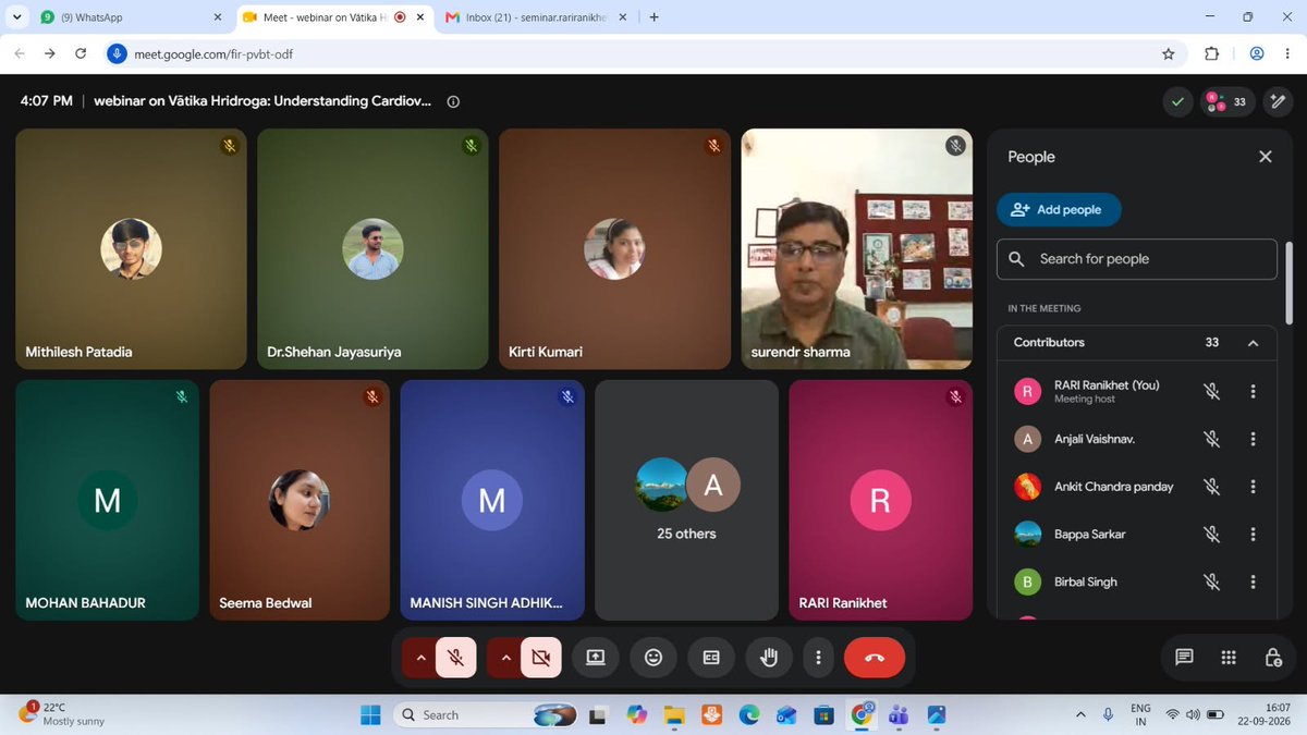 RariRanikhet's tweet photo. 11वें राष्ट्रीय आयुर्वेद दिवस–2026 के अंतर्गत RARI, रानीखेत में Understanding Cardiovascular Disorders Through the Ayurvedic Lens” विषय पर वेबिनार आयोजित। Dr. Surendra Kumar Sharma, Jaipur ने हृदय एवं रक्तवाहिनी विकारों के आयुर्वेदिक दृष्टिकोण, निदान व प्रबंधन पर व्याख्यान दिया। https://t.co/aVv6LoH6Ka