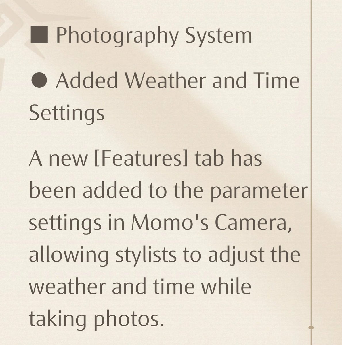 _Melonberry_'s tweet photo. This is huge! They are adding all this:
~ Being able to change the weather in photomode (Will be reset to current weather after exiting camera)
~ Being able to change wind direction and wind strength (Also resets)
~ Being able to change the time and lighting in the camera (Will stay after exiting camera) 

𑣲⋆ InfinityNikki