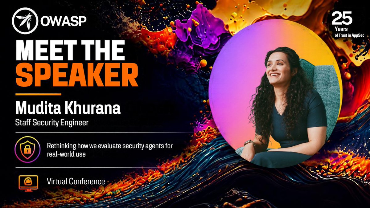 owasp's tweet photo. A security agent producing the right answer once does not prove it can survive a real workflow.

🎤 Mudita Khurana
🗓 Sep 22 | ⏰ 1:15 PM–2:00 PM PDT
📺 https://t.co/hoSzJVdkbv

#OWASP25 #SecurityAgents #AgenticAI #AIEngineering #AppSec https://t.co/tfjT5irQni