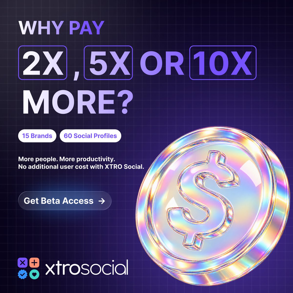 XTROSocial's tweet photo. Why pay 2X, 5X or 10X more?

More users shouldn't mean bigger software bills.

XTRO Social grows with your team.

Not against it.

🚀 Early access open.

#XTROSocial #SaaS https://t.co/KfqqewSNKd