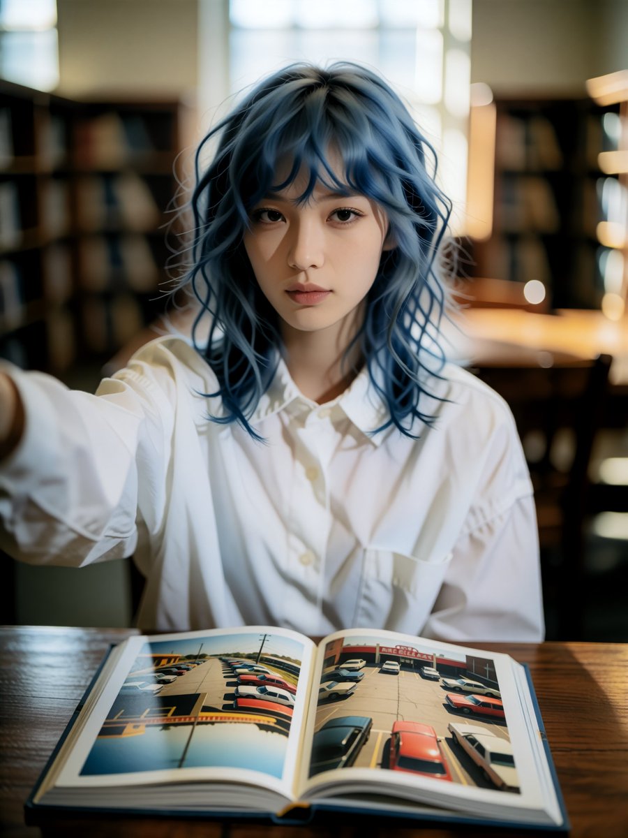 frozen_shion's tweet photo. 連休の終わりは図書館へ。

スティーブン・ショアの写真集を眺めながら、日常の切り取り方や構図の勉強をしています。色使いや光の捉え方が本当に美しい。

📸：自撮り

#氷河紫音 #AIフォトアイドル #推し活 #写真好きな人と繋がりたい #図書館 https://t.co/AnU23U8Hye