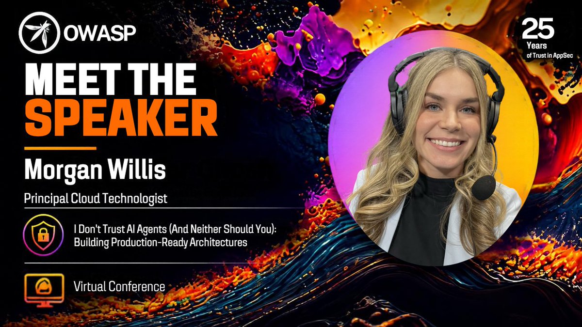 owasp's tweet photo. The demo worked. Production added customer data, costly actions, token loops, and consequences.

🎤 Morgan Willis
🗓 Sep 22 | ⏰ 2:00 PM–2:45 PM PDT
📺 https://t.co/hoSzJVdkbv

#OWASP25 #AgenticAI #CloudSecurity #ResponsibleAI #AISecurity https://t.co/TCV34xETmz