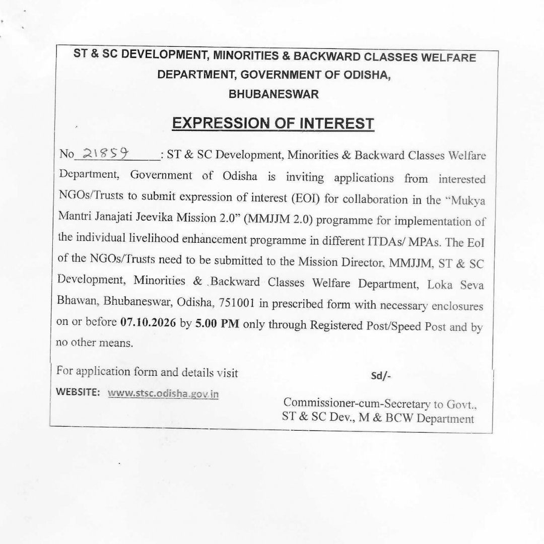 scstdevdept's tweet photo. The ST &amp; SC Development, M &amp; BCW Department, Government of Odisha invites applications from interested NGOs/Trusts for collaboration under Mukhya Mantri Janajati Jeevika Mission 2.0 (MMJJM 2.0) for individual livelihood enhancement initiatives.
1/2 https://t.co/6NwmGJvt8T