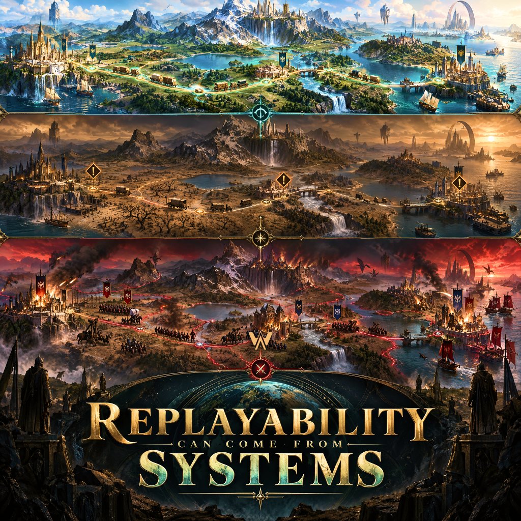 AIWORLDSGAMES's tweet photo. 🔄 What if replayability came from systems, not content?

You don’t always need another campaign.

Change the conditions. Let systems interact differently. Let players make different choices.

The same world can create different experience.

👉 https://t.co/2eHVhLCfQa https://t.co/THWk7MdXno