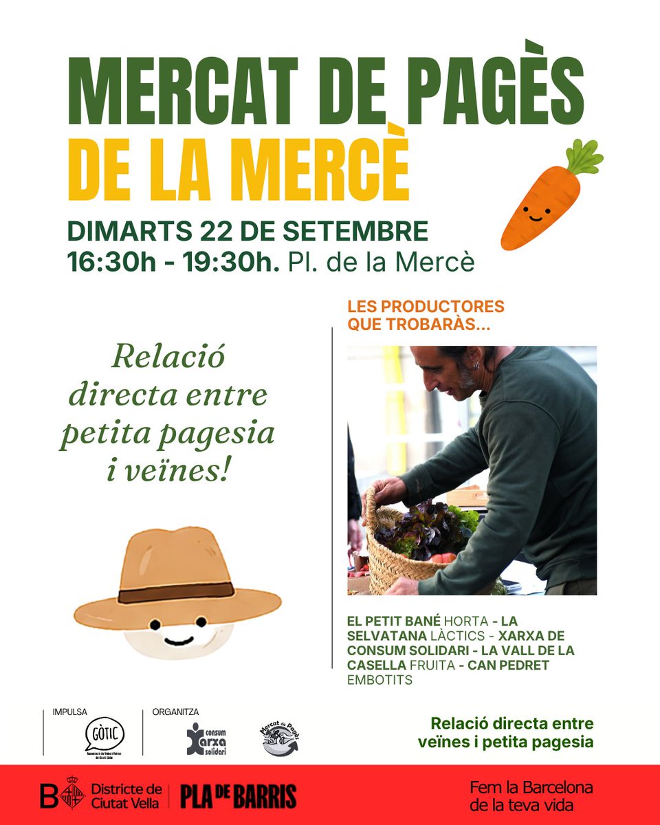 MercatDePages's tweet photo. 🧺 Avui dimarts us esperem al #mercatdepages de La Mercè, al Gòtic de Barcelona!

De 16.30 a 19.30 h, vine a la plaça i omple el cistell d’aliments bons, sans, justos i locals. 🌱

📍 Plaça de la Mercè

#mercatsdepages #lamerce #elgotic https://t.co/aNEwxnAoxc