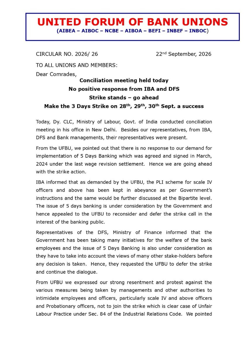 AIBOAOFFICIAL's tweet photo. Conciliation meeting held today — no positive response from IBA/DFS.

UFBU stands firm on 5-Day Banking.

March On Comrades!

#5DayBankingNow #UFBU #BankStrike https://t.co/vuwIag8uNt